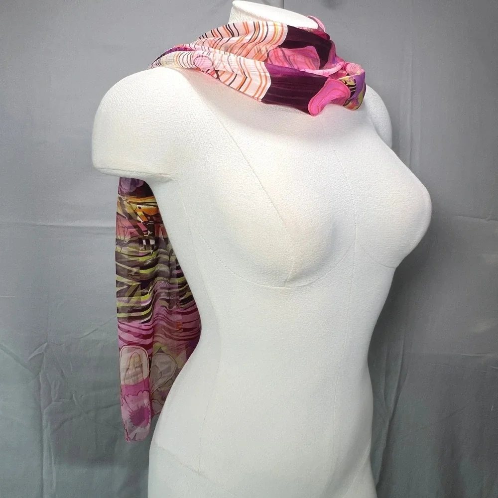 Silk Scarf Made in France Abstract Floral Print Pink Chic Eclectic Y2K Colorful - Picture 4 of 13